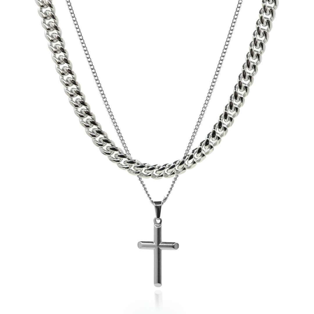 PLAIN CROSS & CHAIN SET - (SILVER)