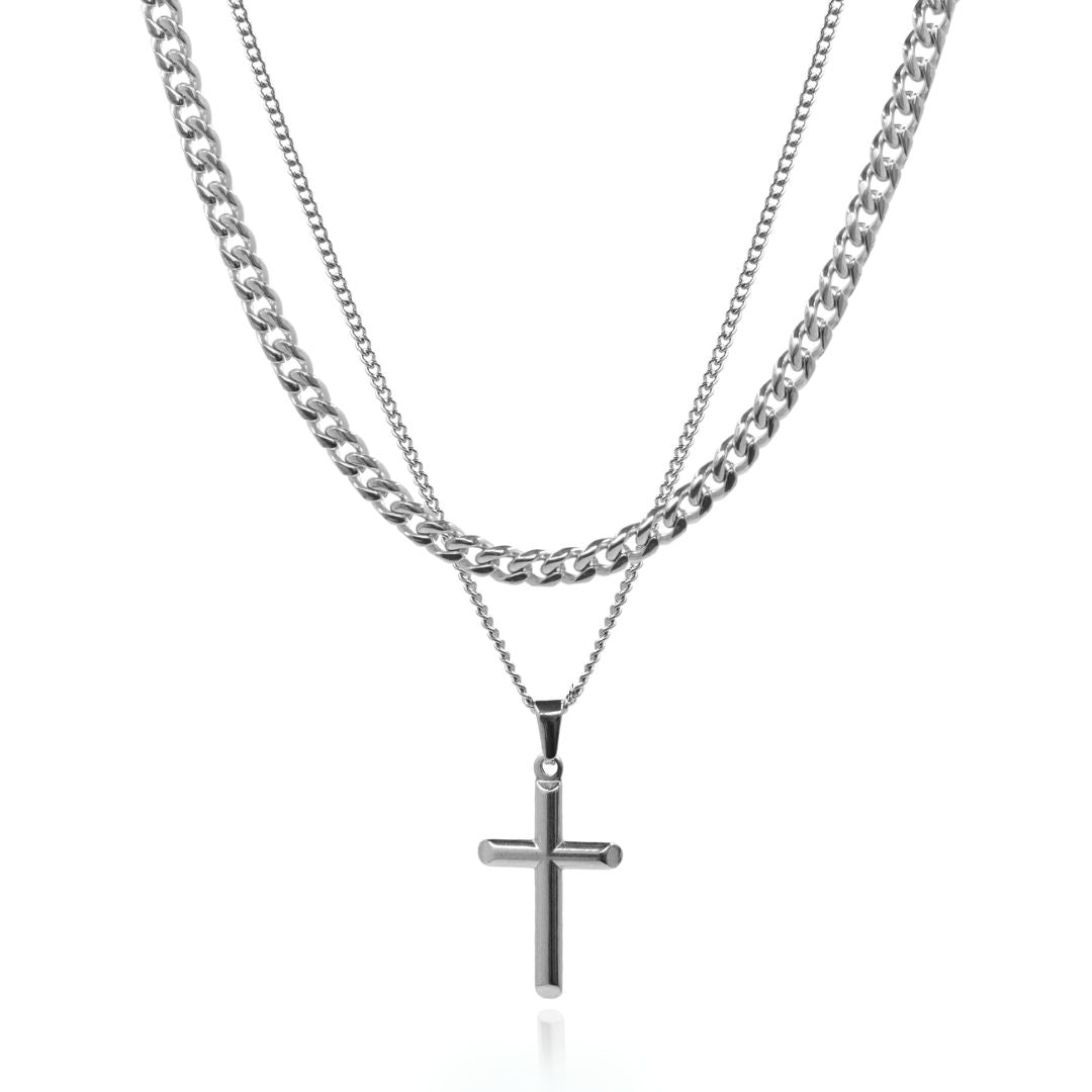 PLAIN CROSS & CHAIN SET - (SILVER)