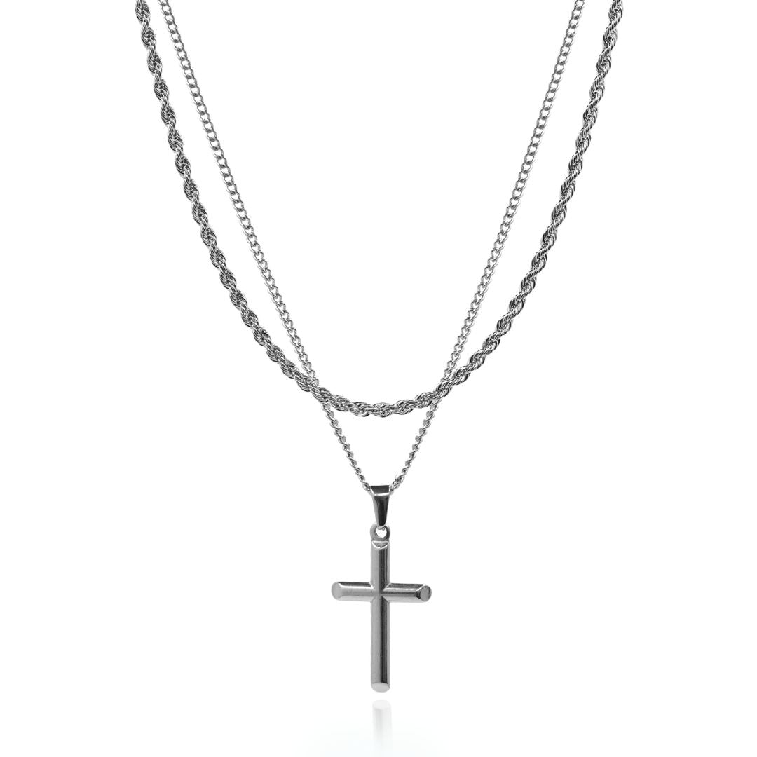 PLAIN CROSS & ROPE SET - (SILVER)