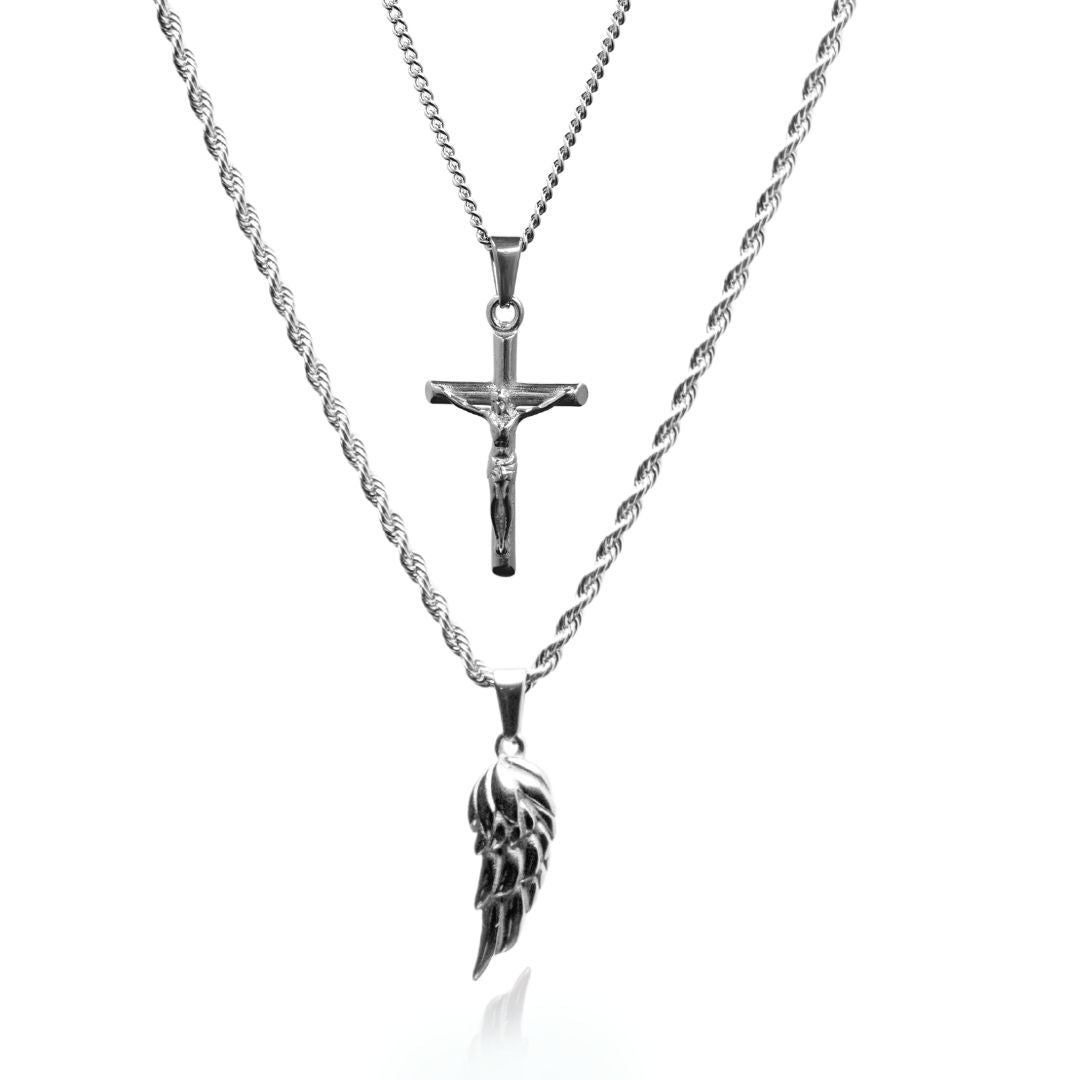 Cross & Wing Pendant Set - (Silver)