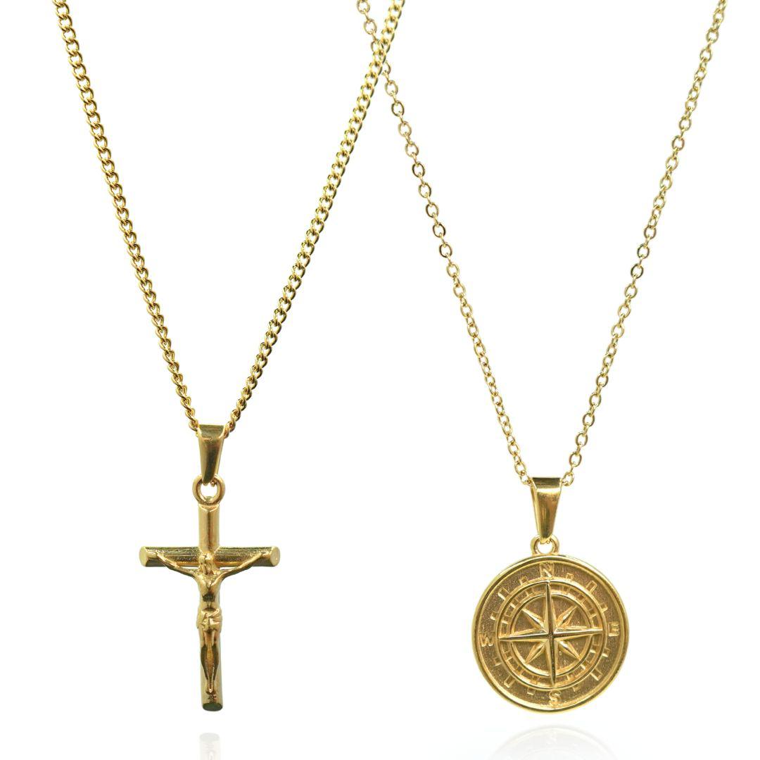 Compass & Cross Pendant Set  - (Gold)