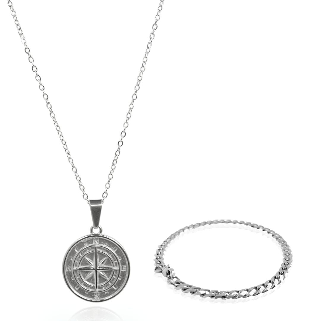Compass & Bracelet Set - Silver